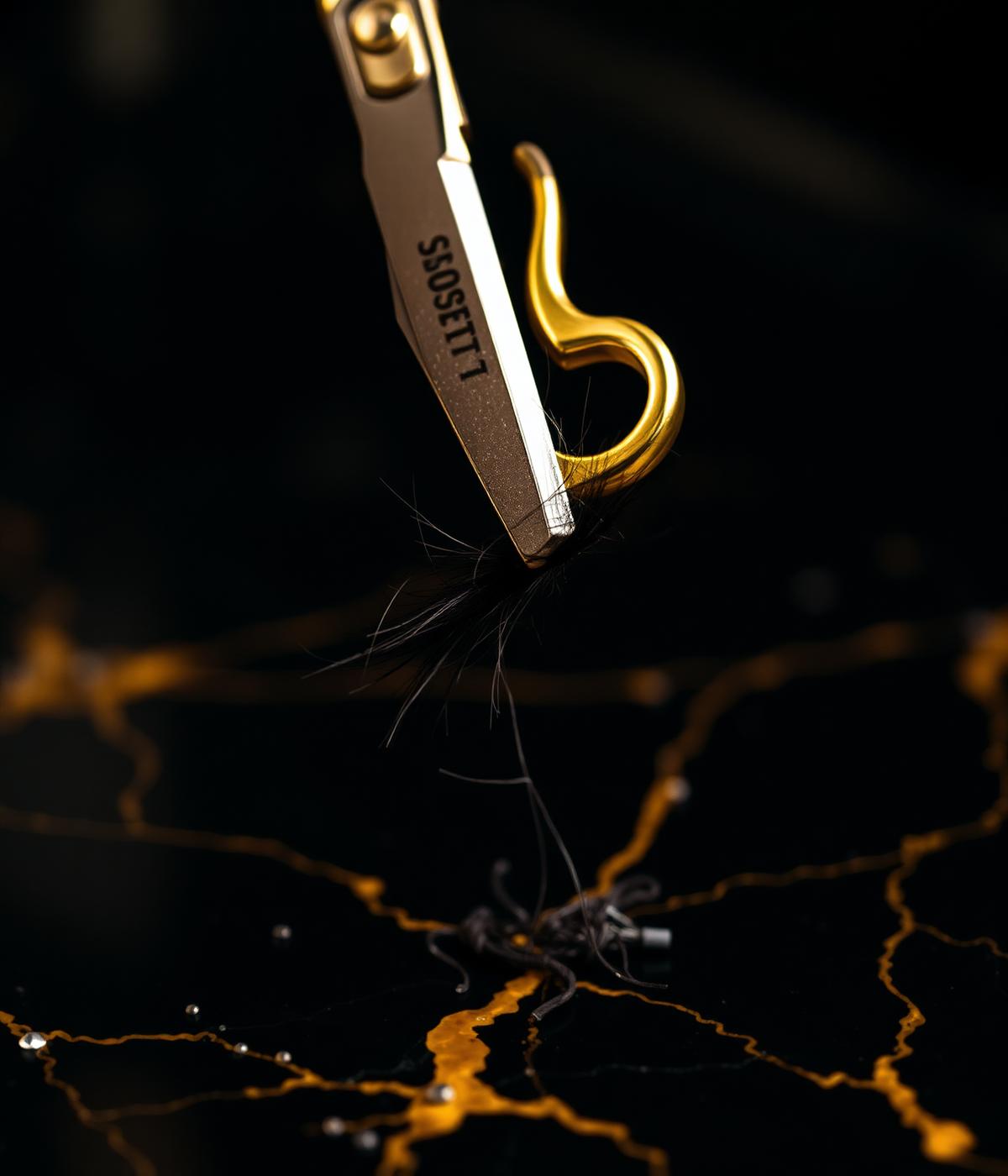 Goldene Schere mit Haarschnitt-Detail auf schwarzem Marmor